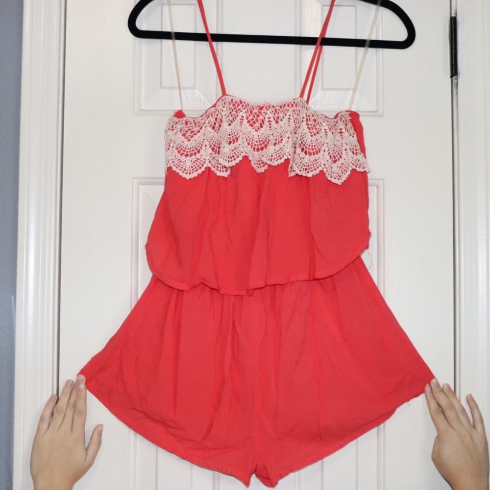 Coral lace romper